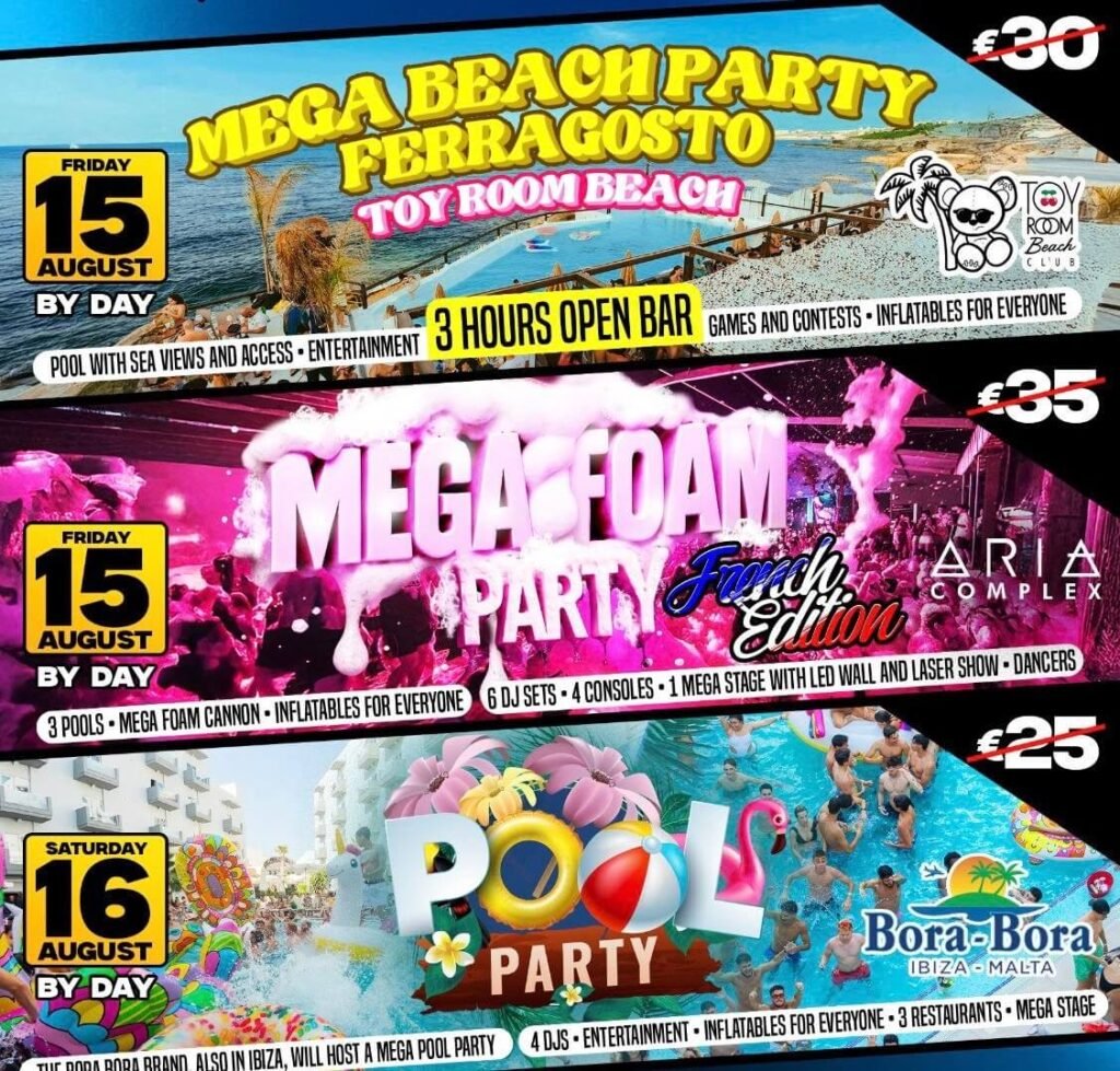 mega pack ferragosto malte malta soirée juicyevent flyer